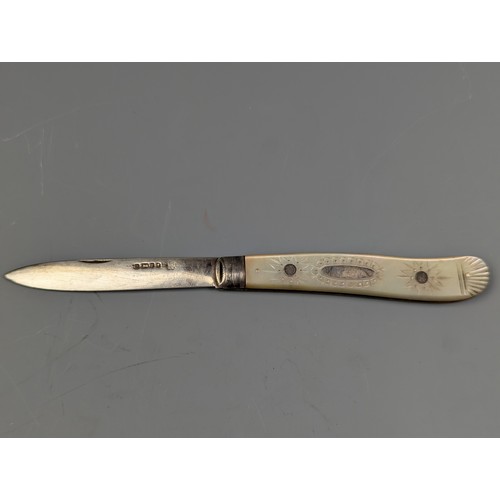 113 - Silver bladed mother-of-pearl handled fruit knife, maker's mark rubbed, Sheffield 1878, folded ... 