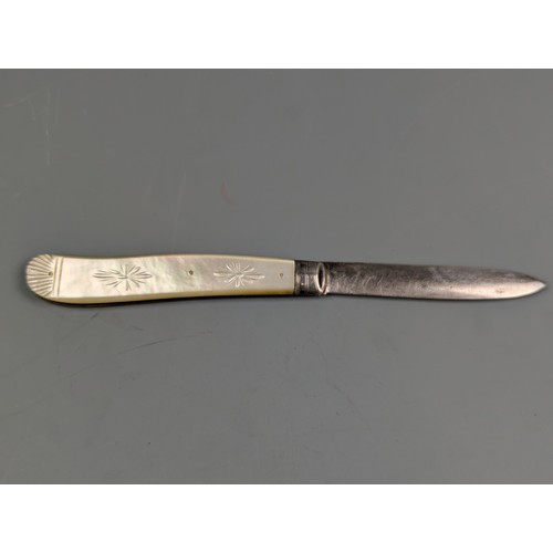 113 - Silver bladed mother-of-pearl handled fruit knife, maker's mark rubbed, Sheffield 1878, folded ... 