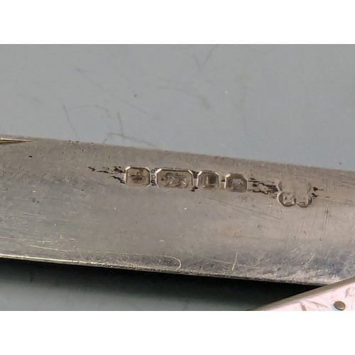 113 - Silver bladed mother-of-pearl handled fruit knife, maker's mark rubbed, Sheffield 1878, folded ... 