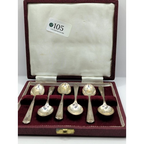 105 - Cased set of 6 coffee spoons, hallmarked Sheffield, makers mark FH, total weight 62 gms... 