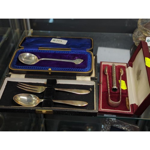 119 - Silver dog-nosed spoon, boxed silver fork & spoon set together with plated sugar nips & af p... 