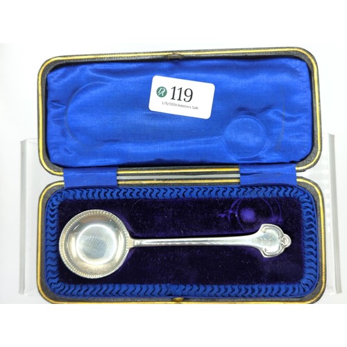 119 - Silver dog-nosed spoon, boxed silver fork & spoon set together with plated sugar nips & af p... 