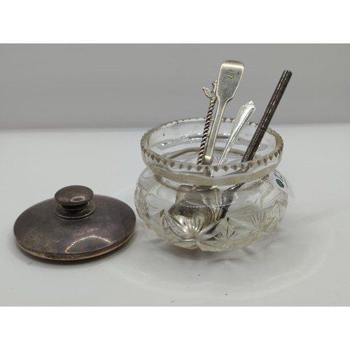 120 - Glass vanity pot with silver lid with mirror to underside, silver pencase & 3 silver spoons, gro... 