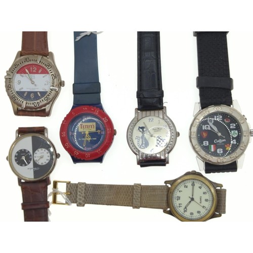 19 - Tray of six assorted quartz watches, including Yess, Jurassic Park, Tetley's Bitter, Cotton Traders,... 