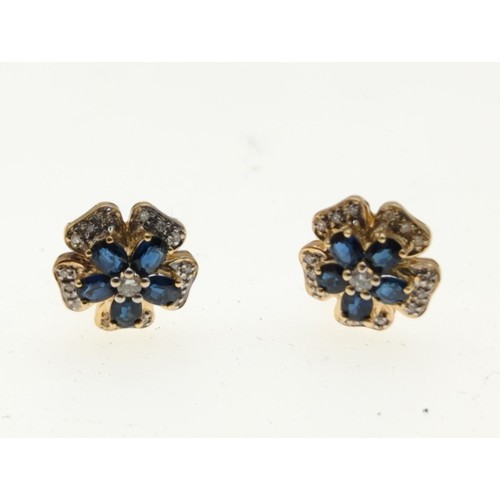 21 - 14ct gold, sapphire and diamond flowerhead earrings, diameter 13mm, gross weight 4.05 grams