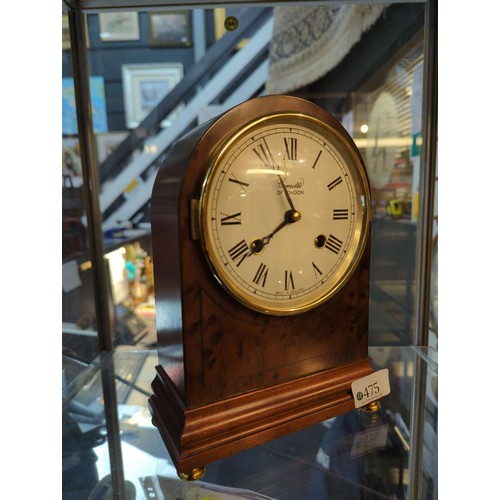 475 - Comitti of London chiming mantle clock with burr walnut veneer, w 17.5 x d 8 x ht 24 cms