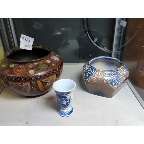 483 - Cloisonné pot, ht. 13cm dia. 20cm, together with a studio pottery bowl and Chinese spill vase... 