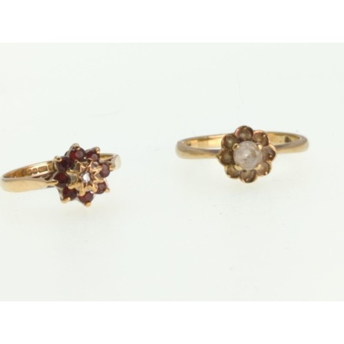 52 - Two 9ct gold gem set rings, including a garnet and diamond cluster, size L1/2; and a white stone clu... 