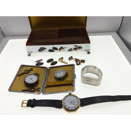 65 - Vintage rolled gold wristwatch, boxed silver napkin ring, plus other oddments in a cigarette box