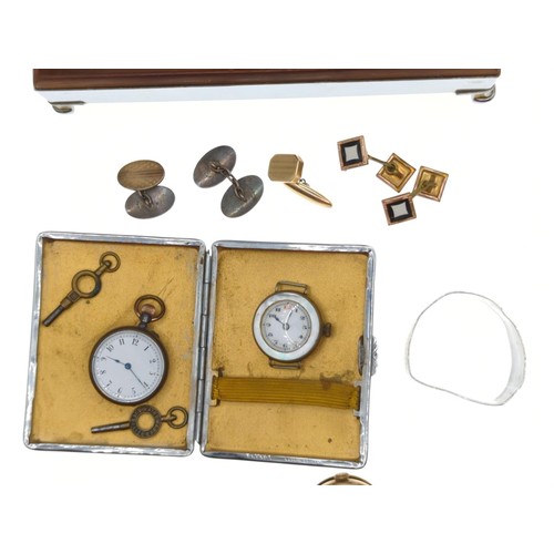 65 - Vintage rolled gold wristwatch, boxed silver napkin ring, plus other oddments in a cigarette box