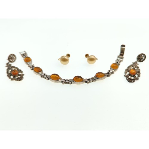 66 - Pair of 9ct gold and pearl effect screw-back earrings plus silver & amber earrings and bracelet.... 