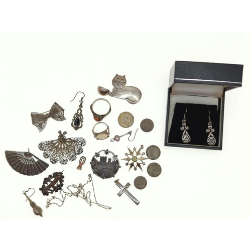 71 - Pair Rennie macintosh earrings, Marcasite necklace plus small box of other costume jewellery