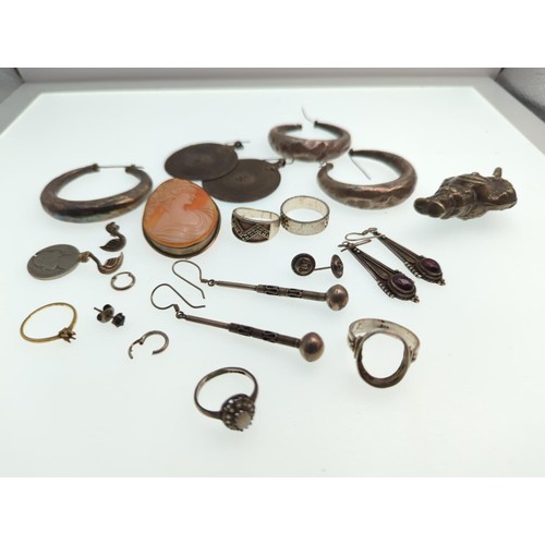 72 - small round tub of white metal jewellery items Inc earrings, baby's rattle, rings etc.