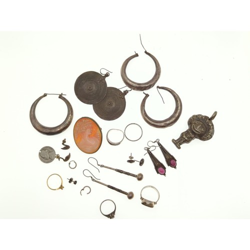 72 - small round tub of white metal jewellery items Inc earrings, baby's rattle, rings etc.