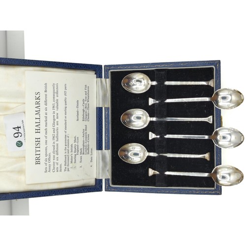 94 - Set of six silver coffee spoons, Joseph Gloster Ltd, each with different assay office marks, gross w... 