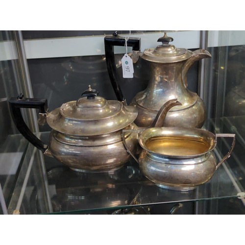 97 - 3 piece silver tea service with ebonised handles & knobs hallmarked Birmingham water jug & s... 