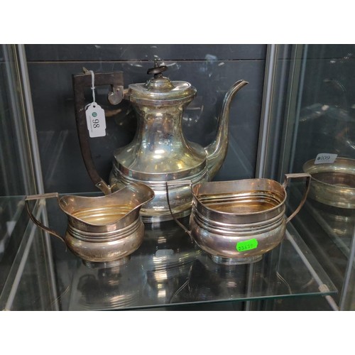 98 - 3 piece coffee service, milk jug & sugar bowl 400gms, coffee pot gross 625gms hallmarked Bi... 