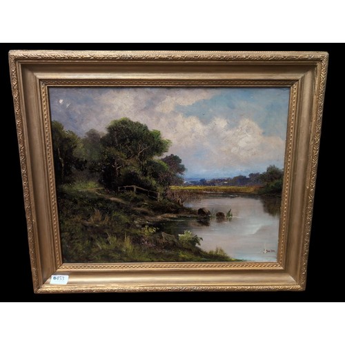 453 - Jack Ducker, early C20th original oil on canvas of a man fishing, 62 x 53 cms