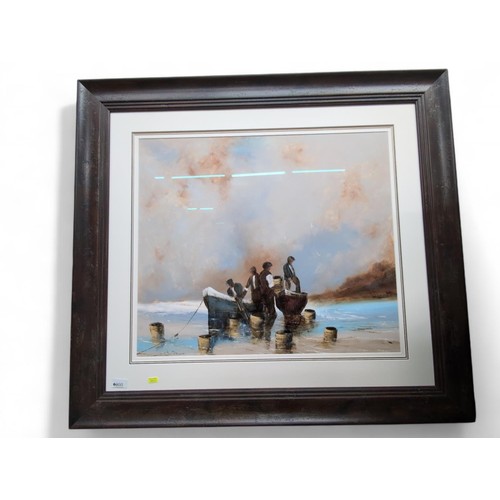 460 - David Chambers original of fishermen mooring their boat, 98 x 89 cms