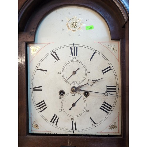 538 - Oak cased grandfather clock, with enamel face. Lightly marked Sept. 1821 to movement. Together with ... 