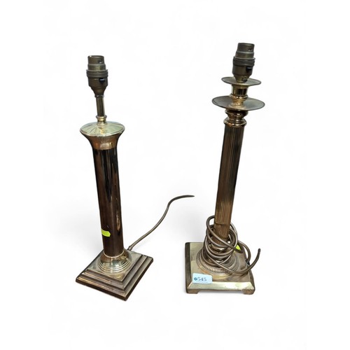 545 - 2x brass table lamps. No plugs included, working order unknown. H46cm