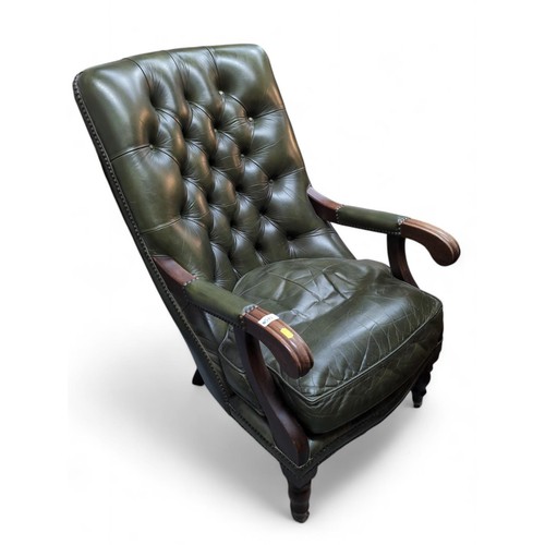 549 - Green leather button back armchair