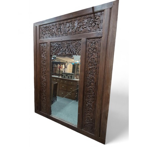 553 - Impressive Indonesian Bali carved hardwood panel, with inset mirror (cracked, but replaceable), with... 