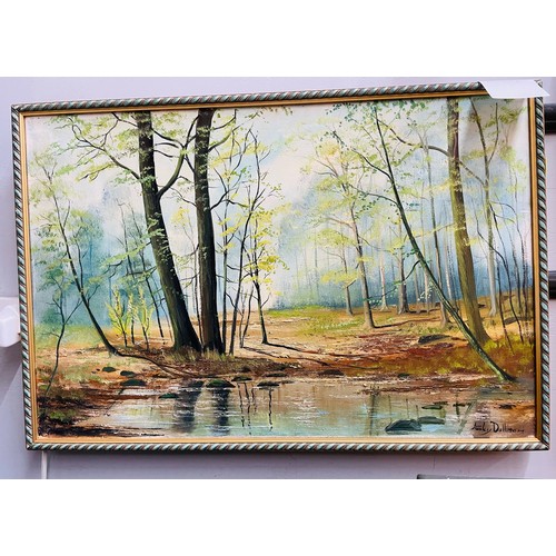 466A - Stanley Ernest Dollimore oil on canvas of watery woodland scene, 80 x 54 cms