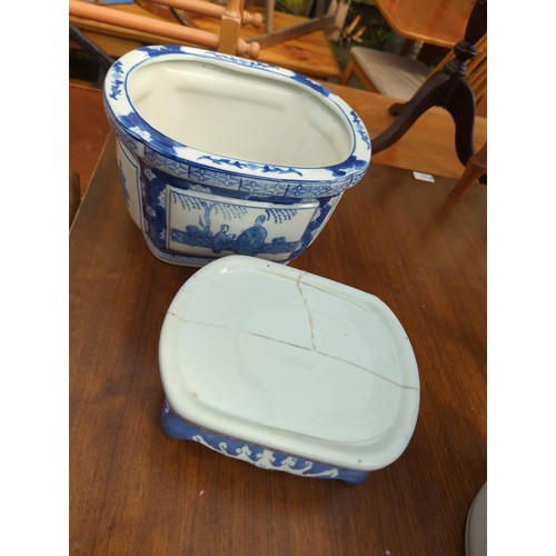 109 - Blue and white umbrella stand + indoor planter with marks to base.