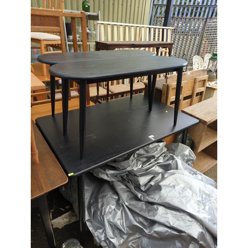 113 - Contemporary black dining table with tapered supports together with two matching benches. Table W110... 