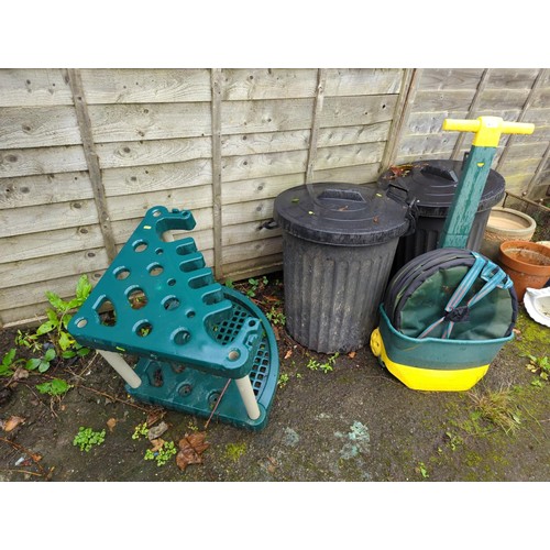 40 - Plastic corner tool stand + 2 plastic bins + seed spreader. 