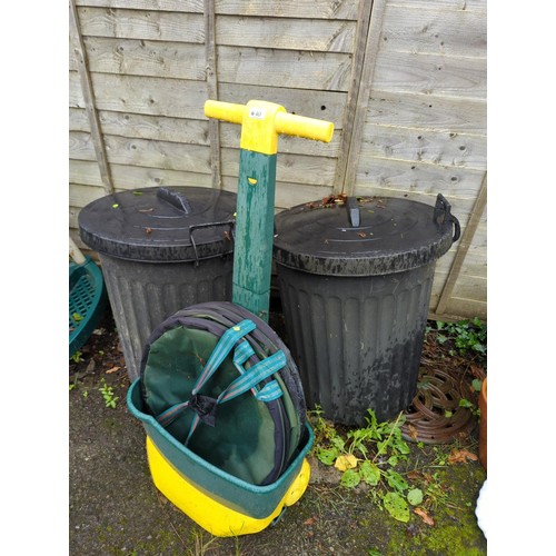 40 - Plastic corner tool stand + 2 plastic bins + seed spreader. 