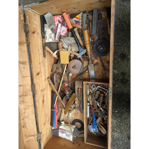 87 - Wooden trunk with some contents inc. nails, chisels, drill bits etc.