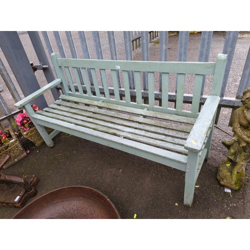 8 - Blue painted wooden garden bench. Structurally sturdy. W155cm D56cm H82cm.