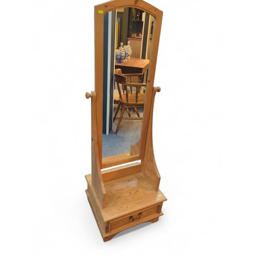 751 - Pine Cheval mirror with drawer to base. W49cm D46cm H149cm.