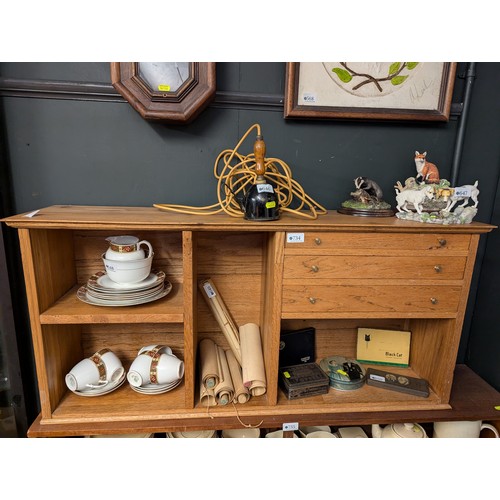 734 - Light oak counter top cabinet with 3 drawers & 4 cubbyholes. W105cm d25cm h49cm