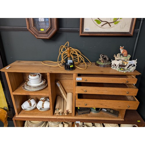 734 - Light oak counter top cabinet with 3 drawers & 4 cubbyholes. W105cm d25cm h49cm