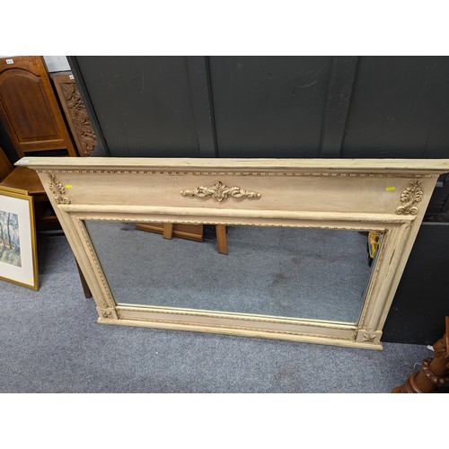 756 - Chalk painted overmantel mirror. W149cm h96cm