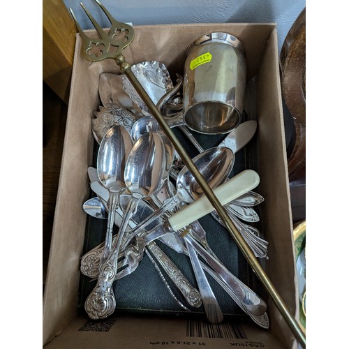 677 - Box of assorted silver plated flatware etc.