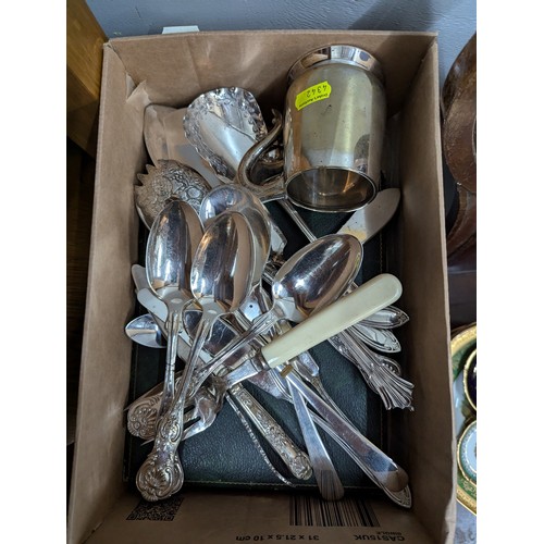 677 - Box of assorted silver plated flatware etc.