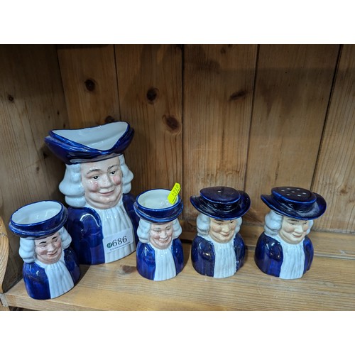 686 - Wood & sons character jug, two small mugs & salt and pepper