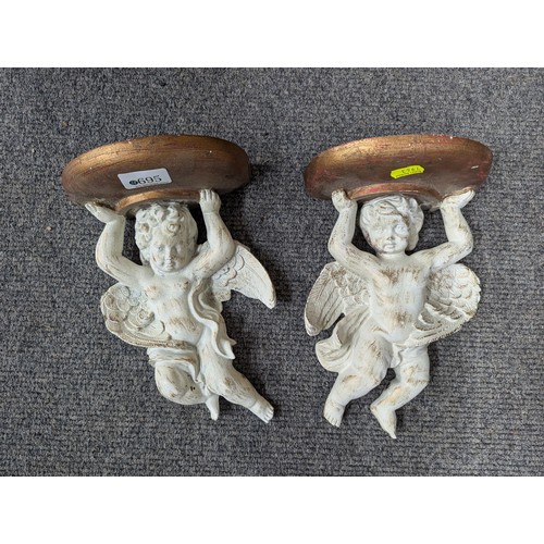 695 - Pair of plaster cherub sconces W18 x D9 x H25cm