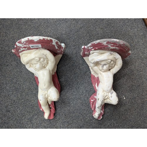 696 - Pair of plaster cherub sconces W22 x D15 x H31.5cm