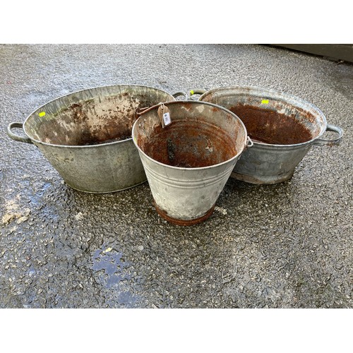 46 - 1 galvanized bucket + 2 small galvanized baths for planter/display use. Holes to all bases.