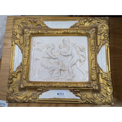 703 - Gilt plaster plaque of a classical scene 40 x 35cm