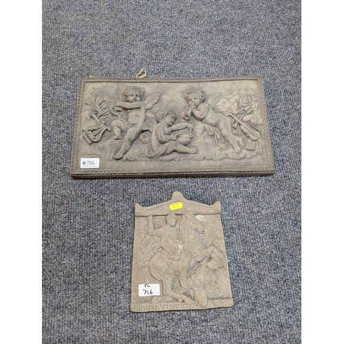 716 - Two stone coloured plaster plaques of classical scenes, largest 42.5 x 23.5cm