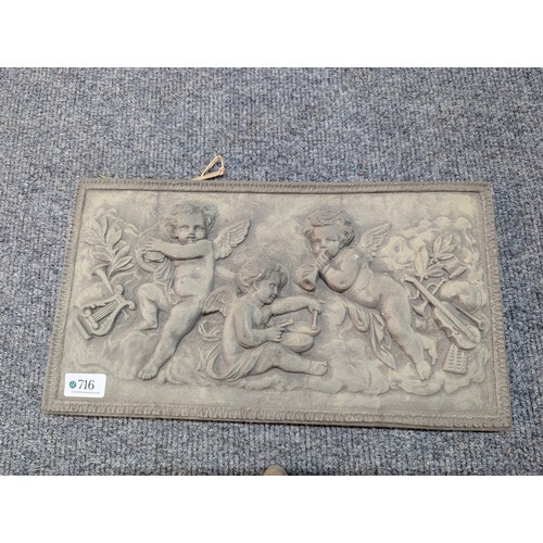 716 - Two stone coloured plaster plaques of classical scenes, largest 42.5 x 23.5cm