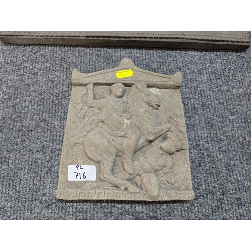 716 - Two stone coloured plaster plaques of classical scenes, largest 42.5 x 23.5cm