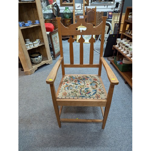 784 - Art Nouveau style oak armchair with tapestry seat W57 x D52 x H111.5cm