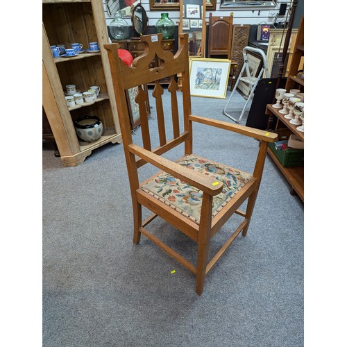 784 - Art Nouveau style oak armchair with tapestry seat W57 x D52 x H111.5cm